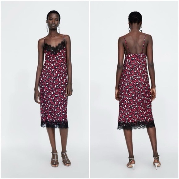 Zara Basic Leopard Cheetah Print Red and Black Nightgown Slip Dress Lace S - Picture 9 of 12